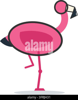Pink flamingo standing on one long leg with S-curved neck and bent black-tipped beak, flat vector illustration isolated on a white background. Stock Vector