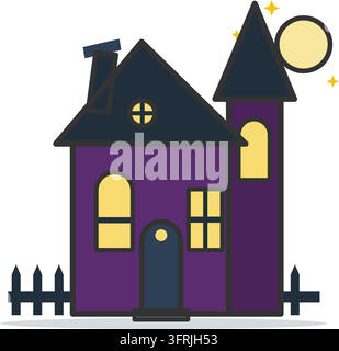 Flat vector illustration of a haunted house with crooked roofs, tower, glowing windows, picket fence and full moon, isolated on white background. Stock Vector