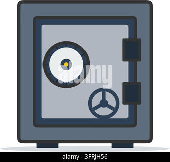 Flat vector illustration of a heavy steel safe with a combination dial, spoked handle wheel and strong door hinges, isolated on white background. Stock Vector