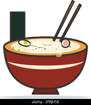 Flat vector illustration of a ramen bowl with broth, noodle mound, narutomaki, halved egg, nori and chopsticks, isolated on white background. Stock Vector