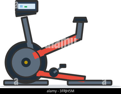 Flat vector illustration of a stationary exercise bike with large flywheel, adjustable saddle and handlebar console, isolated on white background. Stock Vector