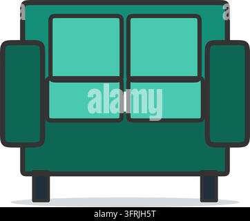 Flat vector illustration of a teal three seat sofa with cushions, wide arms and short legs, isolated on a white background. Living room icon. Stock Vector