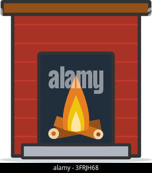 Flat vector illustration of a brick fireplace with a wooden mantel, logs and orange flames, isolated on a white background. Cozy home icon. Stock Vector
