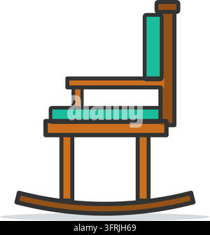 Flat vector illustration of a wooden rocking chair with curved rockers and a teal cushion, isolated on a white background. Relaxation icon. Stock Vector