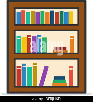 Flat vector illustration of a tall wooden bookshelf with three shelves of colorful books, isolated on a white background. Home library icon. Stock Vector