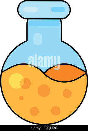 Chemical flask round bulb glass with yellow liquid vector icon. Science graphic laboratory design Stock Vector