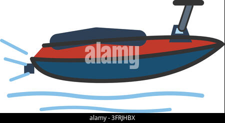 Flat vector illustration of a red and navy jet ski on waves with water spray, isolated on a white background. Summer water sports icon. Stock Vector