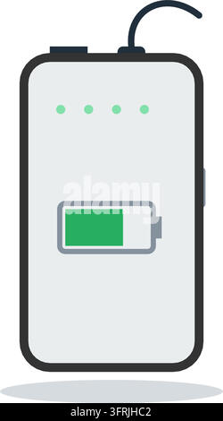 Portable power bank charger with USB ports, charging cable, LED indicators and battery level gauge, flat vector illustration on white background. Stock Vector