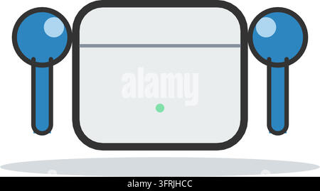 Two blue wireless in-ear earbuds beside a white charging case with LED indicator, flat vector illustration isolated on a white background. Stock Vector