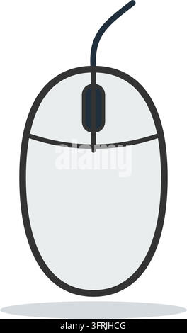 Wired computer mouse with scroll wheel, left and right buttons and cable, top view, flat vector illustration isolated on a white background. Stock Vector