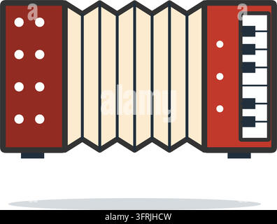 Flat vector illustration of a red piano accordion with cream bellows and bass buttons, isolated on a white background. Folk music icon. Stock Vector