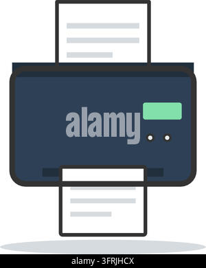 Inkjet printer with paper loaded on top and a printed page coming out at the front, flat vector illustration isolated on a white background. Stock Vector
