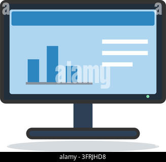 Desktop computer monitor on a stand showing an abstract chart dashboard on a light screen, flat vector illustration isolated on white background. Stock Vector