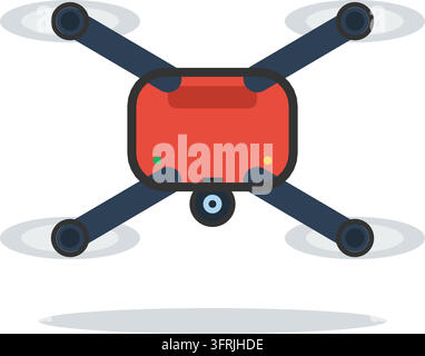 Quadcopter camera drone with four spinning rotors, motor pods and camera gimbal underneath, flat vector illustration isolated on white background. Stock Vector