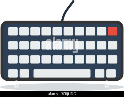 Wired computer keyboard with rows of keys, long spacebar and one red accent key, top view, flat vector illustration isolated on white background. Stock Vector