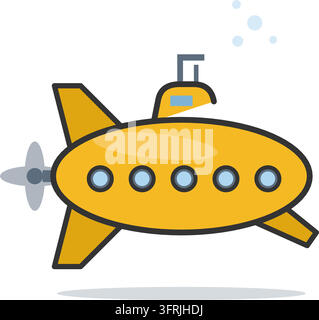 Flat vector illustration of a yellow submarine with portholes, periscope and propeller, isolated on a white background. Ocean exploration icon. Stock Vector