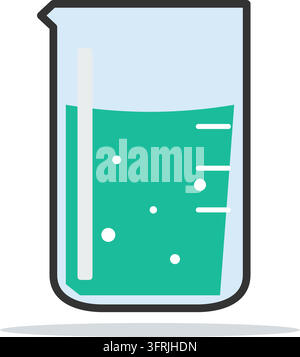 Flat vector illustration of a glass beaker with green liquid, bubbles and measure marks, isolated on a white background. Chemistry lab icon. Stock Vector