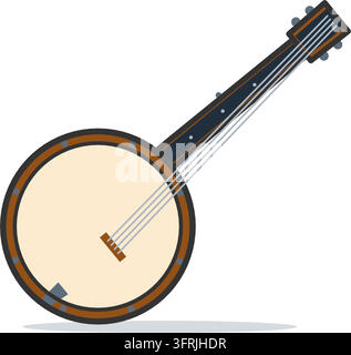 Flat vector illustration of a five-string banjo with a round body and long neck, isolated on a white background. Bluegrass music icon. Stock Vector