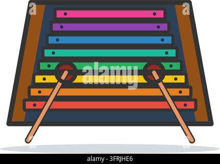 Flat vector illustration of a xylophone with rainbow bars and two red ball mallets, isolated on a white background. Kids music education icon. Stock Vector