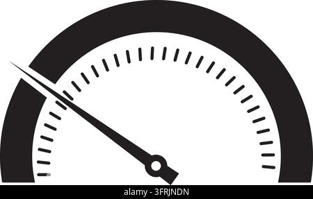 A simple black and white graphic of a gauge with a needle indicating a low measurement on a white background. Stock Vector