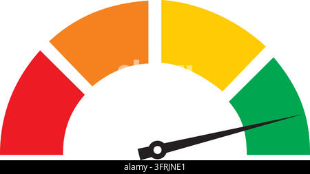 A colorful gauge with a needle pointing to the green section, indicating a high or good level on a white background. Stock Vector