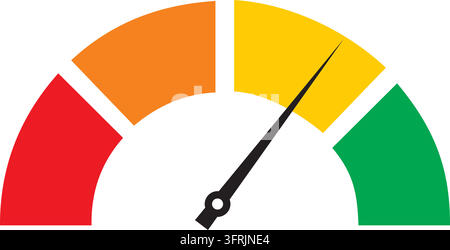 An illustration of a colorful gauge with a black needle pointing to the yellow section, indicating a medium or warning level. Stock Vector