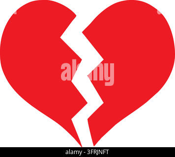 A red heart is clearly broken into two pieces with a jagged split down the middle on a white background. Stock Vector