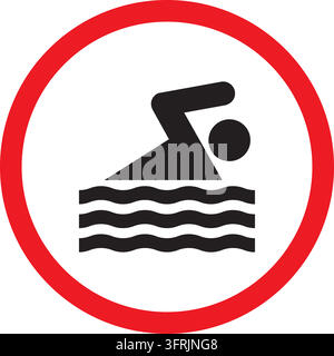 A red circular no swimming sign with a black pictogram of a person swimming in water, indicating a prohibited activity. Stock Vector