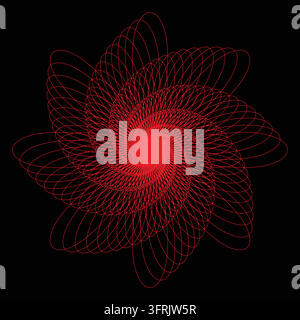 Vibrant red looping lines create an intricate radial geometric pattern on a black background, producing a striking abstract design with a sense of mot Stock Vector