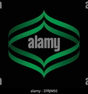 Symmetrical green ribbon-like curves intertwine to create an elegant abstract geometric emblem on a black background, featuring smooth gradients and f Stock Vector