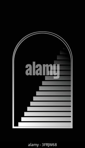 Minimalist black and white geometric staircase ascends within an arched frame, using grayscale gradients and clean lines to create an illusion of dept Stock Vector