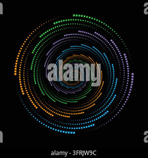 Vibrant concentric spiral artwork constructed from segmented rectangular blocks in orange, green, cyan, and purple, forming a dynamic digital vortex a Stock Vector
