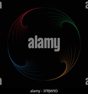 Intricate circular abstract design formed by fine dotted spiral curves in red, green, blue, and orange on a black background. Stock Vector