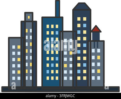 City skyline of skyscrapers with a stepped tower, antenna and water tower, flat vector illustration isolated on white background. Stock Vector