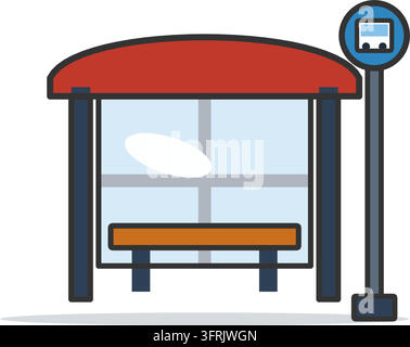 Bus stop shelter with curved roof, glass panels, bench and round sign, flat vector illustration isolated on a white background. Stock Vector