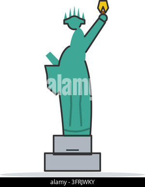 Statue of Liberty in New York holding a golden torch on a stone pedestal, flat vector illustration isolated on white background. Stock Vector
