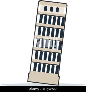 Leaning Tower of Pisa in Italy, a tilted bell tower with arched colonnades, flat vector illustration isolated on white background. Stock Vector