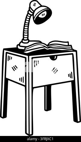 black and white illustration of A lamp and a book on the bedside table Stock Vector