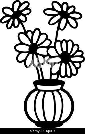 black and white illustration of a White flowers in a round vase Stock Vector