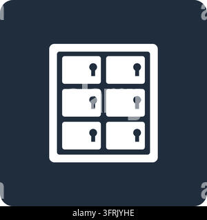 Dark blue square public information sign with a locker cabinet with keyholes. Own-design pictogram in the style of ISO 7001 public information symbols Stock Vector