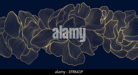Luxury Chinese, Japanese floral pattern with golden line peonies, elegant oriental elements on a dark blue background. Luxury garden blossom, wedding Stock Vector