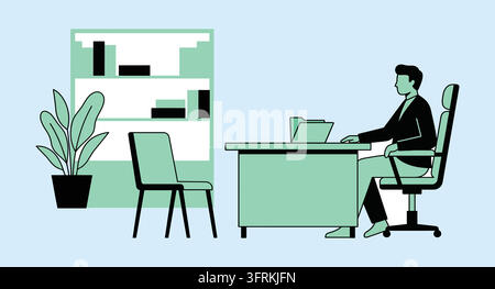 Businessman sitting at executive desk in professional workplace Stock Vector