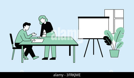 Two colleagues collaborating on a project at a desk in modern office Stock Vector