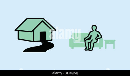 Minimalist home illustration featuring a person sitting on a sofa next Stock Vector