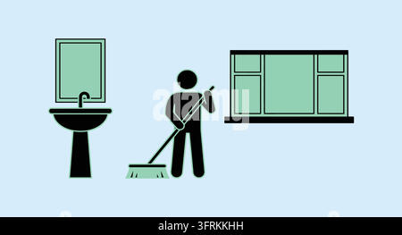 Person cleaning bathroom with mop sink and window in home setting Stock Vector