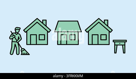 Cleaner sweeping near suburban houses and small furniture piece with flat design Stock Vector
