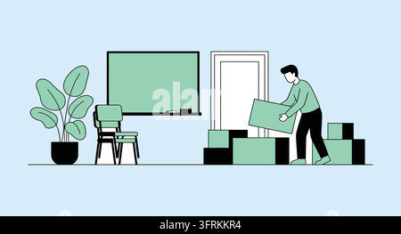 Man packing boxes in an empty office room with stacked chairs and a plant Stock Vector