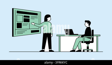 Employee presenting data on screen to seated colleague at office desk Stock Vector