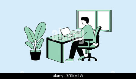 Man using laptop while sitting at office desk near window with a person working Stock Vector