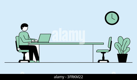 Person working on a laptop at an office desk with a wall clock Stock Vector